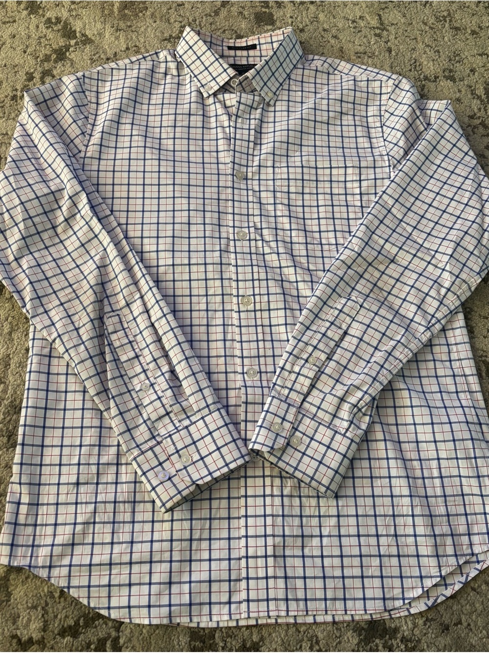 Banana Republic Men's White Check Button-Down Dress Shirt with Blue & Red Grid